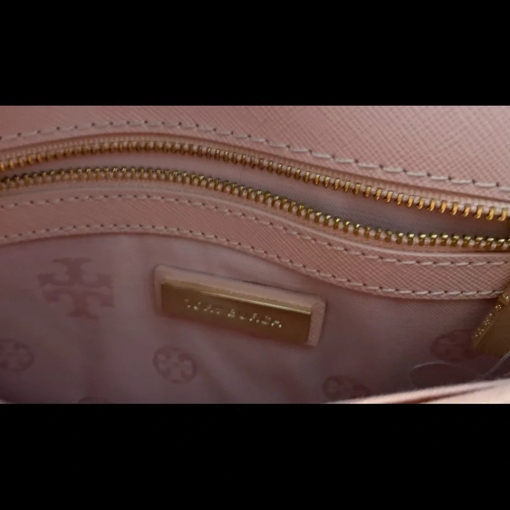 Tory Burch Pink Saffiano Leather Clutch with Gold Logo
